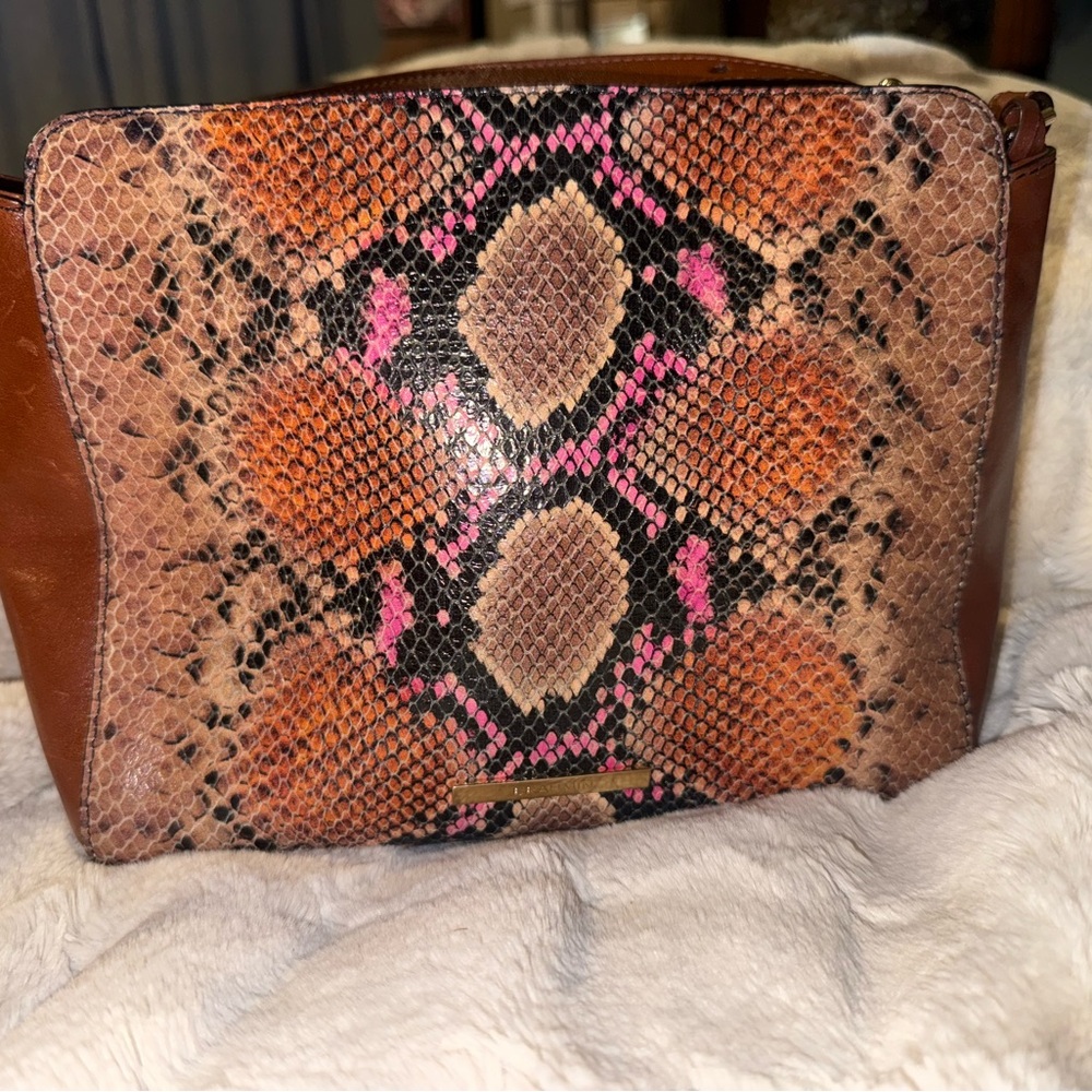 Brahmin Brown and Pink Snake Print Clutch